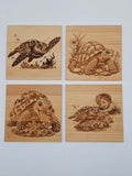 5-piece bamboo coaster set with turtle engraving