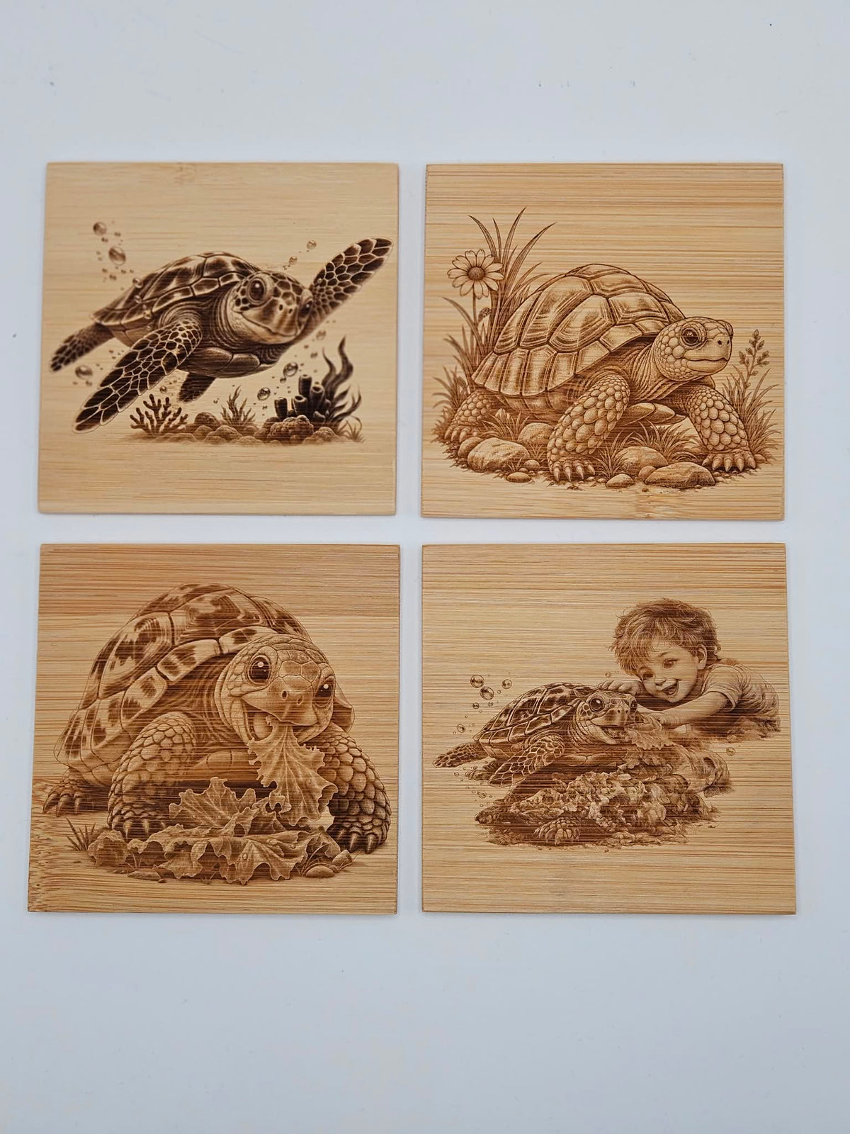 5-piece bamboo coaster set with turtle engraving