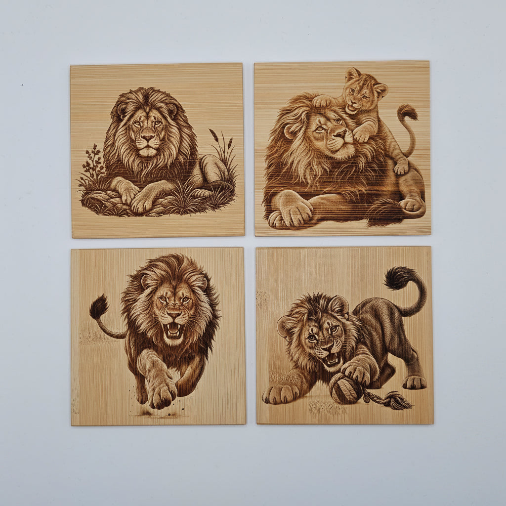 🦁 5-piece bamboo coaster set lions