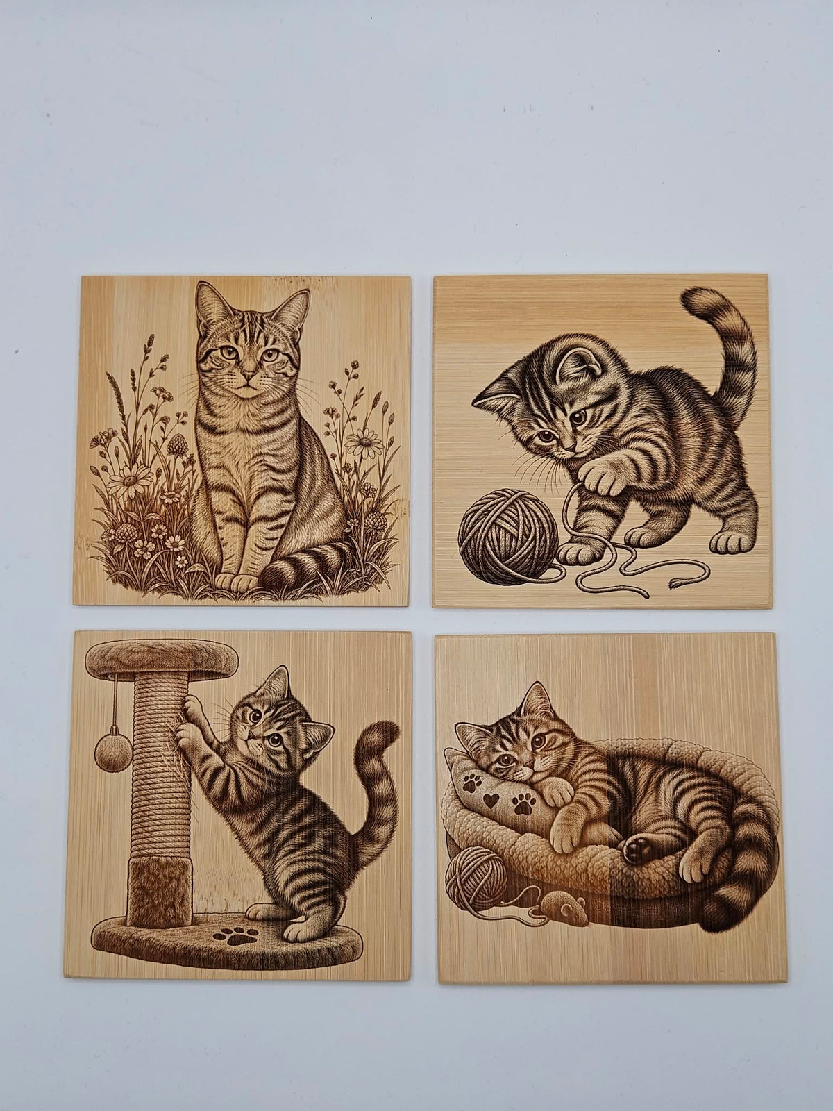 🐱 5-piece bamboo coaster set cats